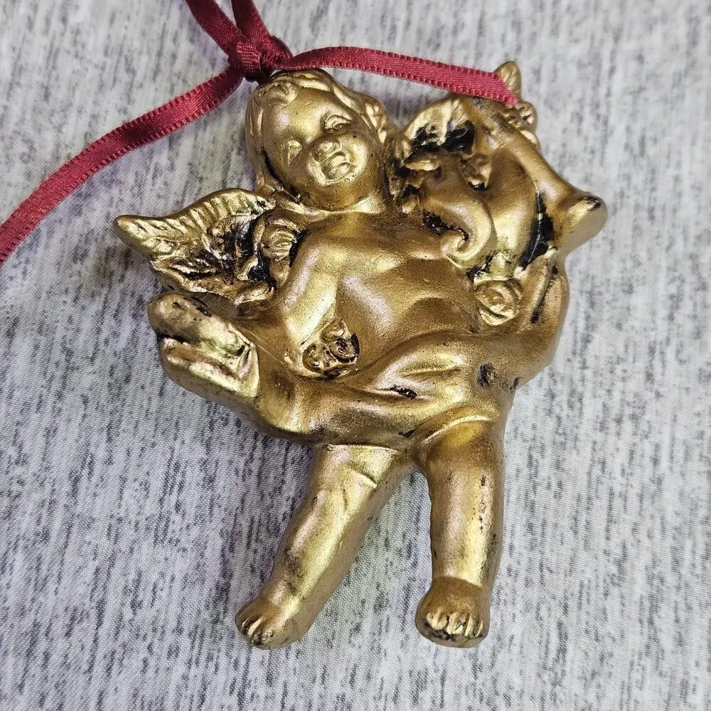 Vintage Christmas Ornament Angel Cherub Gold Finish Victorian Holiday Decoration
